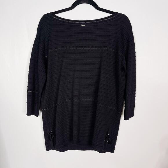 St John Medium M Black 3/4 Sleeve Ottoman Stripe Knit Sweater with Side Lace Up - Picture 2 of 11